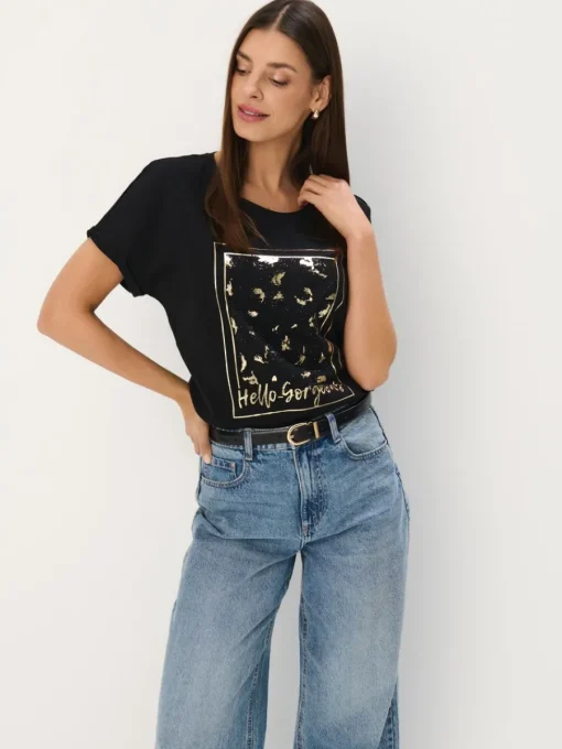T-shirts, Tops>MOHITO Baumwoll-T-Shirt mit Print Schwarz