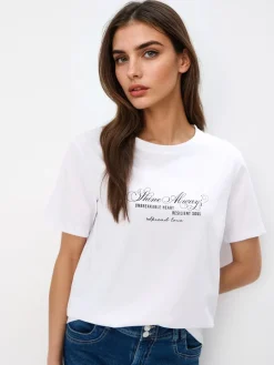 T-shirts, Tops></noscript>MOHITO Baumwoll-T-Shirt mit Print Weiu00df