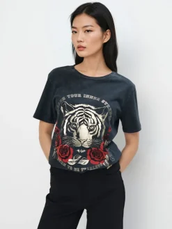 T-shirts, Tops></noscript>MOHITO Baumwoll-T-Shirt mit Print Schwarz